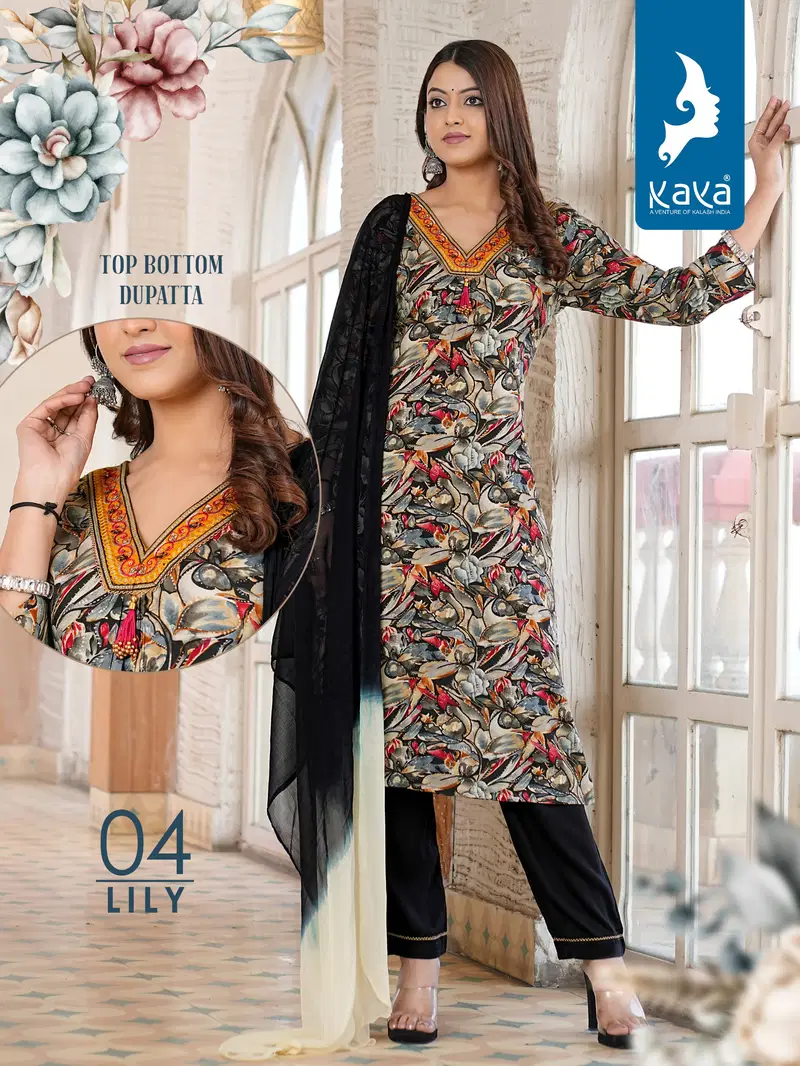 Lily By Kaya Rayon Printed Kurti With Bottom Dupatta Wholesale Market In Surat

